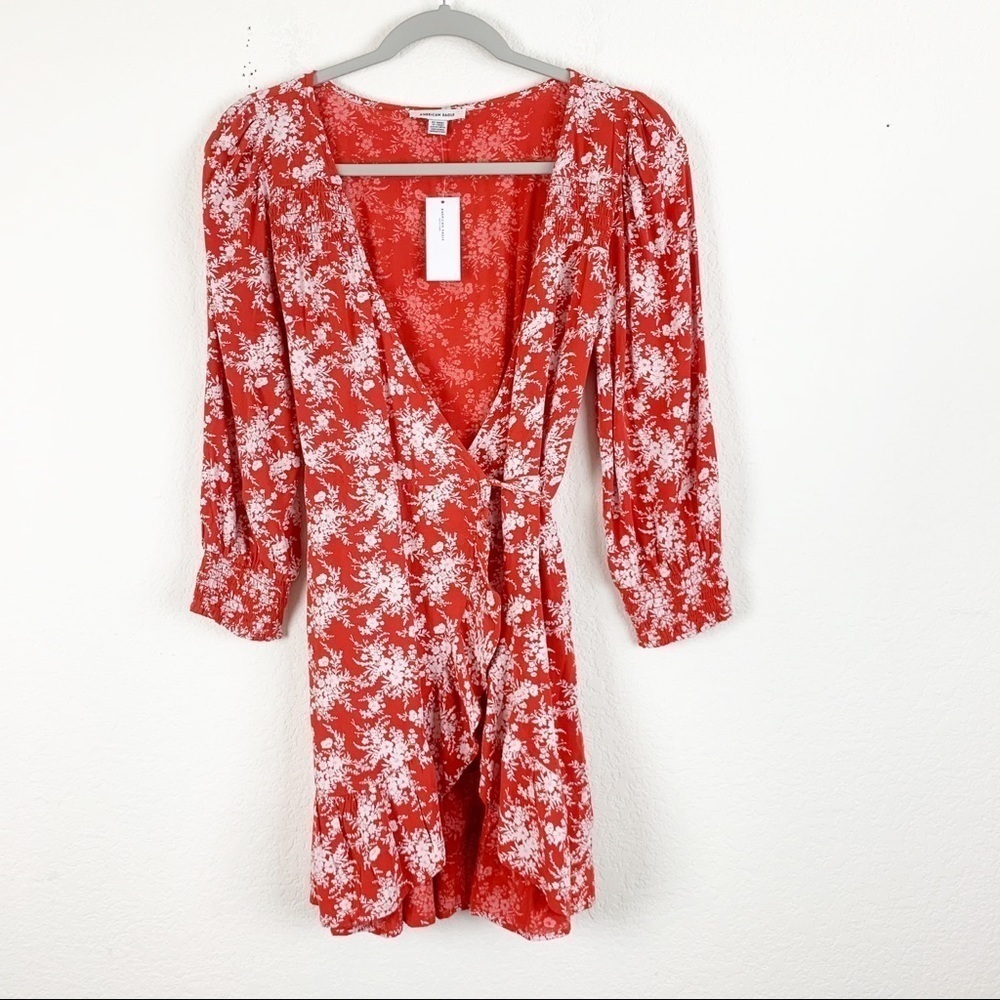 American Eagle | Womens Red Floral long sleeve ruffle wrap dres